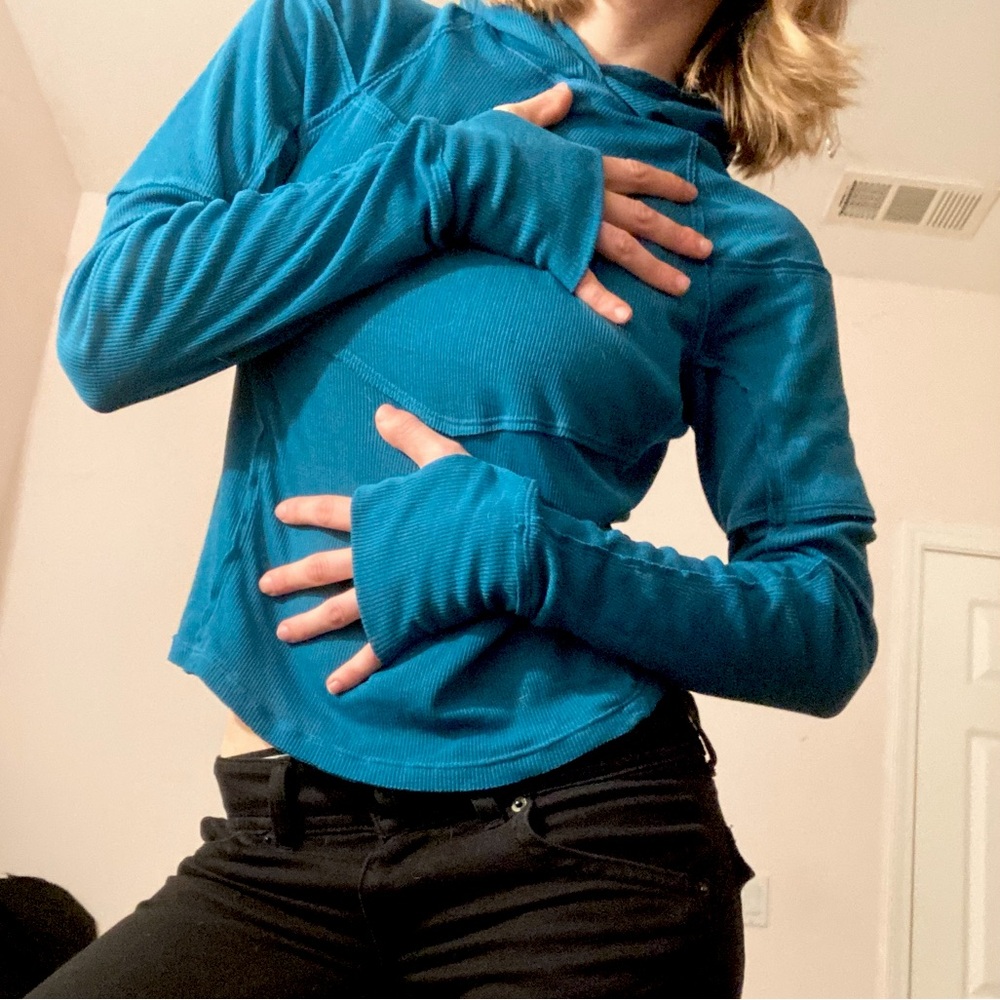 Free People Hooded Shirt with Thumb Holes Blue Comfy